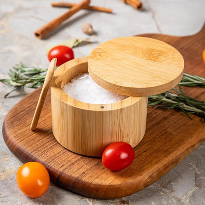 Bamboo Salt Cellar Bowl Box with Swivel Magnetic Lid to Avoid Dust, Elegant Kitchen Salt Container Holder with to Storage Pepper Spice Bath & Sea Salts, 6OZ（Built-in Spoon）