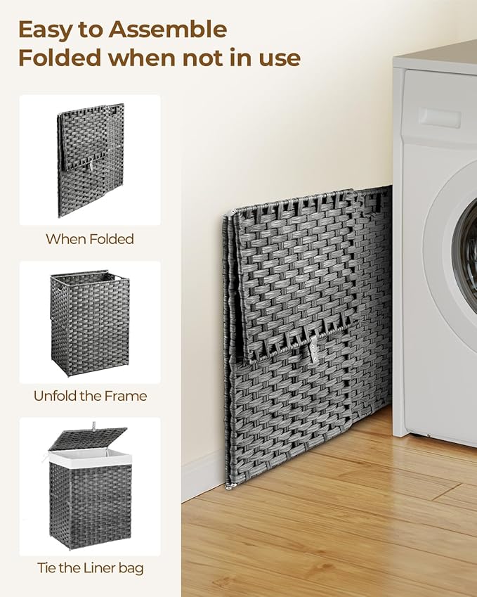 Greenstell Laundry Hamper with Lid, 90L Clothes Hamper with 2 Removable Liner Bags & 2 Mesh Laundry Bags, Handwoven Synthetic Rattan Laundry Basket for Clothes, Toys in Bathroom, Bedroom Grey