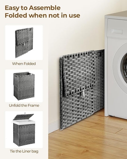 Greenstell Laundry Hamper with Lid, 90L Clothes Hamper with 2 Removable Liner Bags & 2 Mesh Laundry Bags, Handwoven Synthetic Rattan Laundry Basket for Clothes, Toys in Bathroom, Bedroom Grey