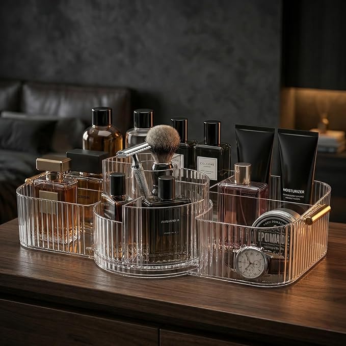 Rotating Makeup Organizer Countertop for Vanity, Cologne Organizer for Men, 360° Spinning Cosmetic Display Case with Brush Holder, Premium Handles, Acrylic Skincare Storage for Bathroom Countertop