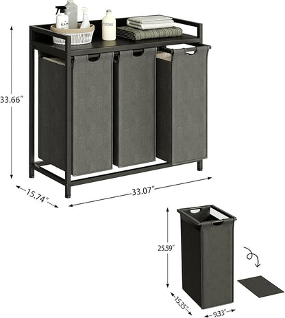 Herture Laundry Hamper with Shelf, Laundry Basket 3 Section, Laundry Sorter with Pull-Out Removable Large Bags and Movable Wheels, Metal Frame, 3 x 15.87 Gallons (60L), Black and Gray PF04XLC