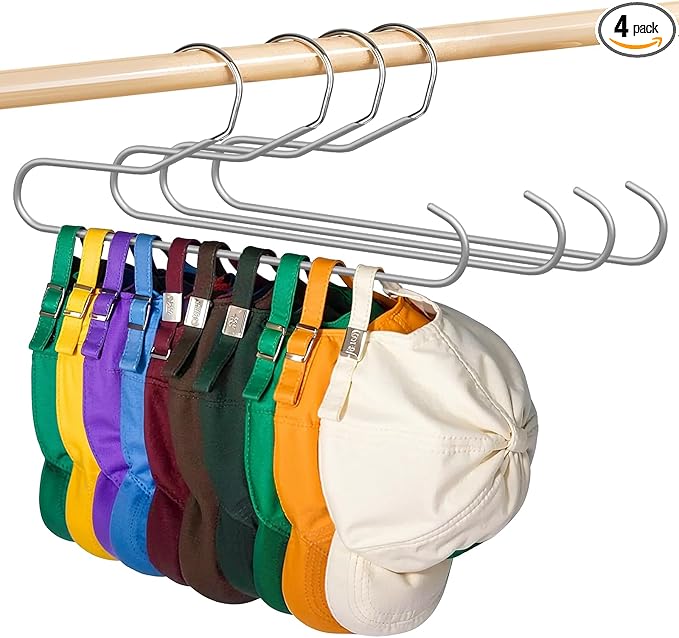 Hat Storage Organizer for Baseball Caps, Lomrsiul Non Slip PVC Coating Hat Rack Hangers for Closet Hat Holder Max 10 Hats Closet Organizers and Storage for Cap Purse Belt Tie Bra Grey 4 Pack