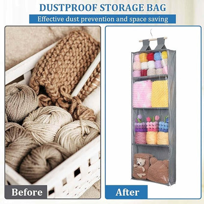 Clear Hanging Stuffed Animal Storage, Over The Door Organizer with 4 Large Pockets for Toys Shoes (Grey)