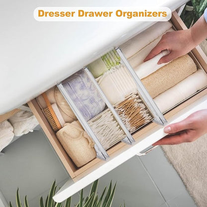 8 Pack Clear Drawer Dividers for Clothes, 4" High 10.6"–16.9" Adjustable Expandable Dresser Drawer Organizer, Dresser Separators for Baby Clothing, Underwear, Sock, Cosmetic, Kitchen, Office Storage