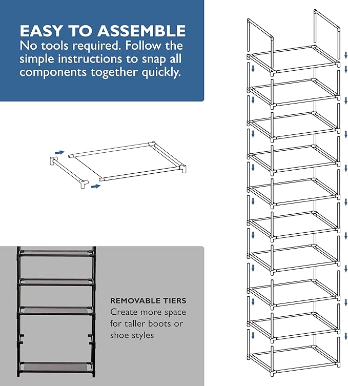 Sundaze Shoe Rack - 10 Tier Tall Shoe Rack for Closet, Sturdy Stackable Shoe Organizer for Closet, Bedroom, Entryway, Garage, Non Woven Fabric Shelf, Black, Holds 20-30 Pairs