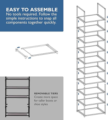 Sundaze Shoe Rack - 10 Tier Tall Shoe Rack for Closet, Sturdy Stackable Shoe Organizer for Closet, Bedroom, Entryway, Garage, Non Woven Fabric Shelf, Black, Holds 20-30 Pairs
