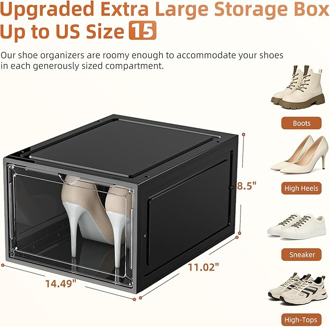 KEFA XL Shoe Storage Box Organizer, 8 Pack Shoe Boxes Clear Plastic Stackable, Sneaker Display Case Container Fit for US 15 (Drop 8 PACK BLACK)