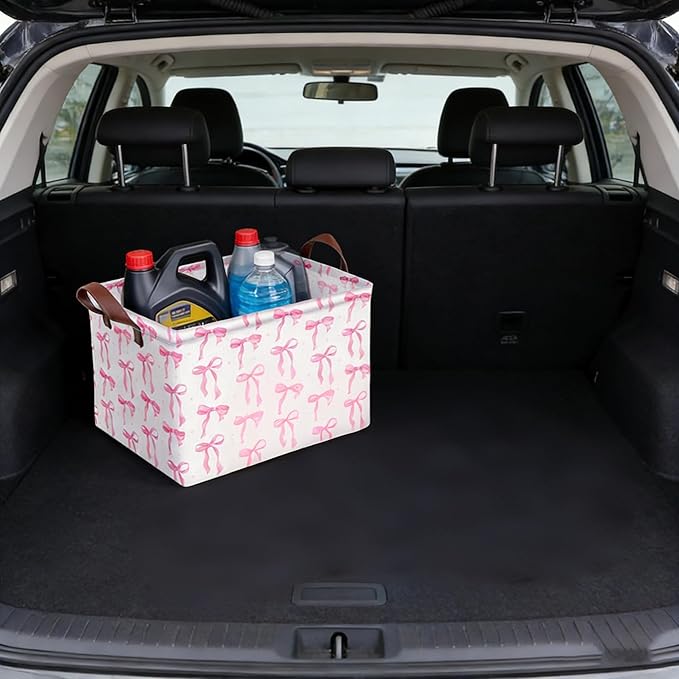 1PC 22L Pink Bow Storage Basket, Waterproof Canvas Organizer, Collapsible Decorative Bin with Handles for Bedroom Closet Toys Clothes Gift
