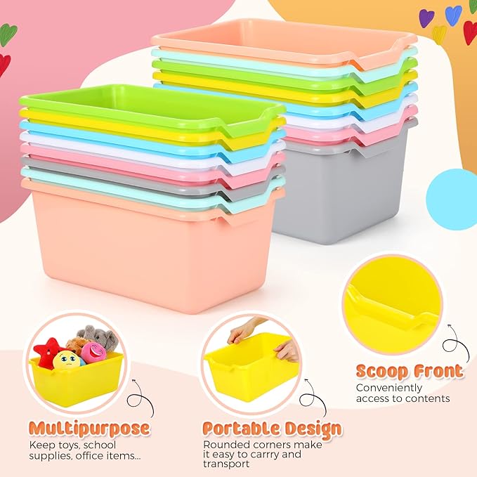 Dandat 16 Pcs Plastic Book Bins for Classroom Library Cubby Bins Scoop Front Stackable Toy Storage Tubs Containers for School Office Home Nursery Playroom Organization (Candy Color)
