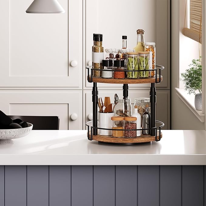 HOOBRO Lazy Susan Organizer Spice Rack, 2-Tier Height Adjustable Rotating Spice Organizer, for Kitchen Countertop and Cabinet, Rustic Brown BF05TL01