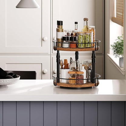 HOOBRO Lazy Susan Organizer Spice Rack, 2-Tier Height Adjustable Rotating Spice Organizer, for Kitchen Countertop and Cabinet, Rustic Brown BF05TL01