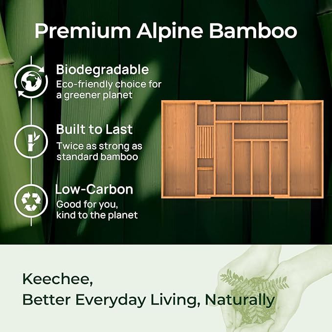 keechee Carbonized Large Bamboo Kitchen Drawer Organizer, 12 Slots Expandable Silverware Organizer, Utensil Holder & Cutlery Tray, 2.5" Deep for Extra Capacity, Non-Slip Feet Included