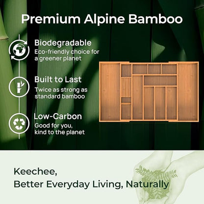 keechee Carbonized Large Bamboo Kitchen Drawer Organizer, 12 Slots Expandable Silverware Organizer, Utensil Holder & Cutlery Tray, 2.5" Deep for Extra Capacity, Non-Slip Feet Included