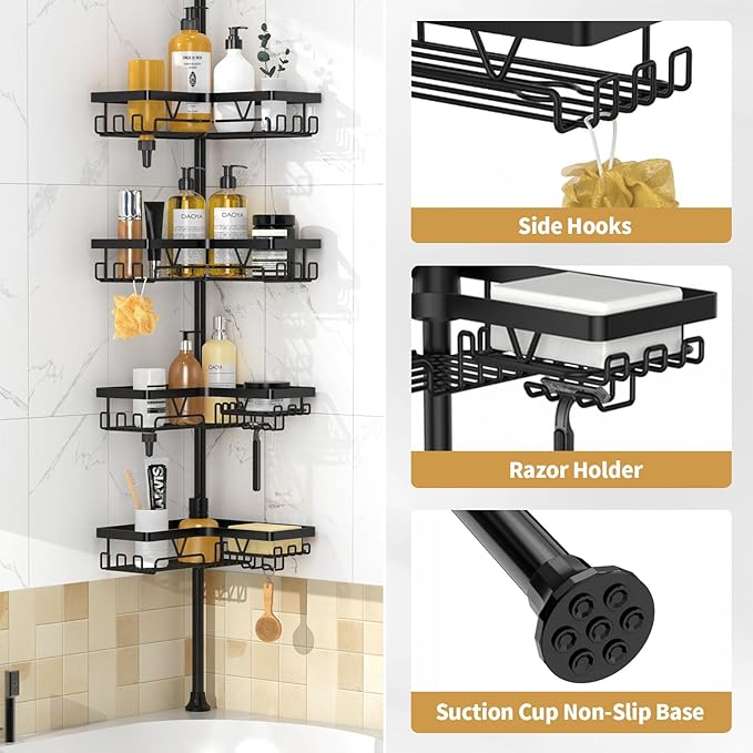 DAOYA Corner Shower Caddy - 4-Tier Shower Caddy Tension Pole with 2 Removable Soap holders Bathroom Shampoo Holder for Bathtub & Corner, Black, Floor to Ceiling 25-114.2 inch