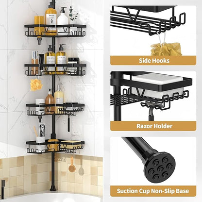 DAOYA Corner Shower Caddy - 4-Tier Shower Caddy Tension Pole with 2 Removable Soap holders Bathroom Shampoo Holder for Bathtub & Corner, Black, Floor to Ceiling 25-114.2 inch
