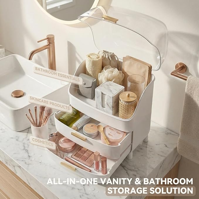 novelinks 3-Tier Skincare Makeup Organizer with Drawers and Dustproof Lid, Large Capacity Vanity Cosmetic Storage Box for Perfume, Lotion, Makeup Brushes & Beauty Accessories