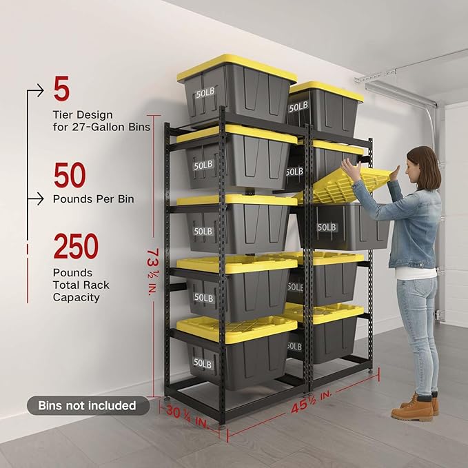 27 Gallon Tote Storage Rack, Heavy-Duty Storage Bin Rack Organizer, 5-Tier Standing Storage Bin Shelves, 250 lb Capacity, Maximize Space for Garage, Warehouse, Utility, 2-Pack (Totes Not Included)
