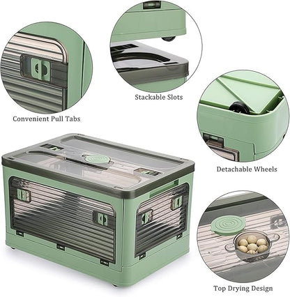 Folding Storage Bins, 36 Liters, 2 Pcs Green Plastic Storage Containers with Wheels, Four Doors, Foldable, Stackable, Plastic Box with Lids for Organization, Storage Cart