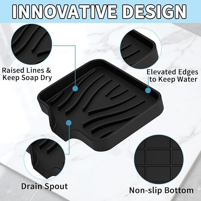 2 Pack Silicone Soap Dish with Drain, Self Draining Bar Soap Holder for Shower, Silicone Dish Soap Tray, Bathroom and Kitchen Sink Organizer, Black
