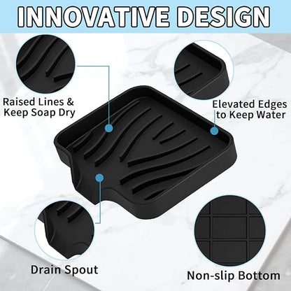 2 Pack Silicone Soap Dish with Drain, Self Draining Bar Soap Holder for Shower, Silicone Dish Soap Tray, Bathroom and Kitchen Sink Organizer, Black