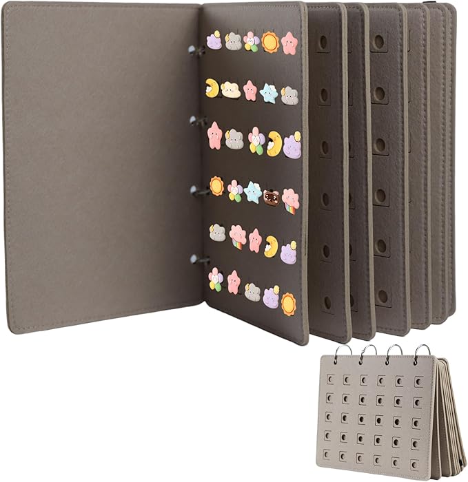 Shoe Charms Organizer, Hanging Shoe Charm Display Holder with 180 Holes 6 Enameled Pin Pages and 2 Front and Back Pages DIY Wall Mounted Portable Shoe Decor Charms Display Stand (Grey)