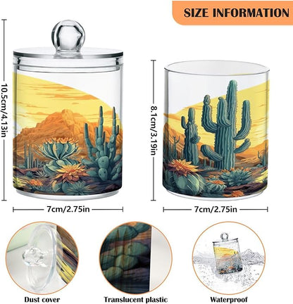 2 Pack Cactus Plants Apothecary Jars with Lid, Qtip Holder Storage Containers for Cotton Ball, Swabs, Pads, Clear Plastic Canisters for Bathroom Vanity Organization (10 Oz)