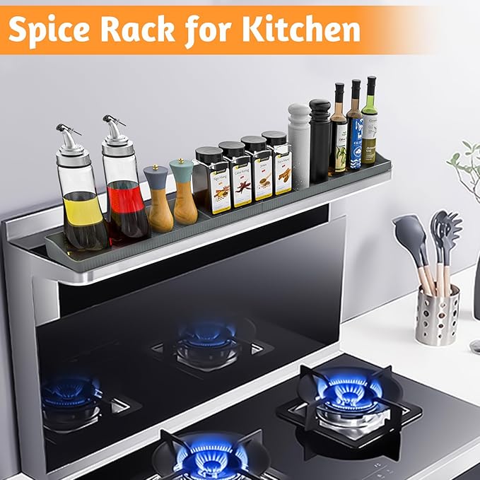 Magnetic Stove Shelf for Back of Stove, 30 Inch Silicone Stove Top Spice Rack for Kitchen Organization, Heat Resistant Over the Stove Shelf with 6 Powerful Magnets, Fits Flat & Curved Stoves- Grey