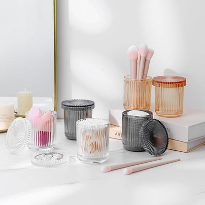 rejomiik Glass Qtip Holder Dispenser 2 Pack, Bathroom Canister Apothecary Jars with Lids, Vanity Makeup Accessories Storage Organizer for Cotton Swabs, Cotton Balls, Pads, Floss Picks, Amber