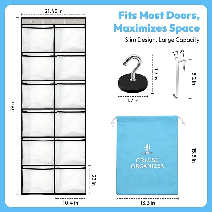 Cruise Essentials 2026, Magnetic Over The Door Organizer for Cruise Ships, 12 Large Mesh Pockets Cruise Cabin Organizer and Storage, Cruise Ship Must Haves for Royal Caribbean, Carnival, NCL