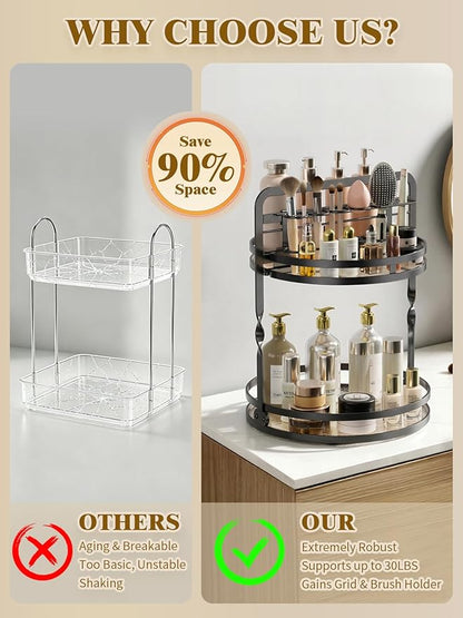 Rotating Makeup Vanity Organizer, 360 Spinning Perfume Organizer for Dresser, 2 Tier Bathroom Countertop Organizer, Black Lazy Susan Skincare Storage, Cosmetic Display Case with Brush Holder
