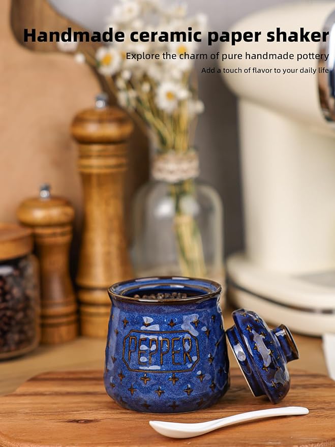 Salt & Pepper Bowl with Lid and Spoon, 10 OZ Ceramic Spices Cellar for Kitchen Counter top, Farmhouse Kitchen Decor (Vintage Blue, 4.3" Label Pepper)
