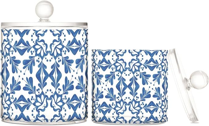 2 Pack Qtip Dispenser Apothecary Jars with Lids Cotton Round Holder Bathroom Canisters for Cotton Swab Floss Ball Pads Clear Plastic Decorative Blue Tiles