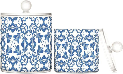 2 Pack Qtip Dispenser Apothecary Jars with Lids Cotton Round Holder Bathroom Canisters for Cotton Swab Floss Ball Pads Clear Plastic Decorative Blue Tiles