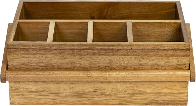 VaeFae Acacia Silverware Caddy with Handle, Wooden Utensil Holder, Mulip-pose Organizer for Kitchen, Office, Bathroom, Bedroom (Large, 5 compartments)