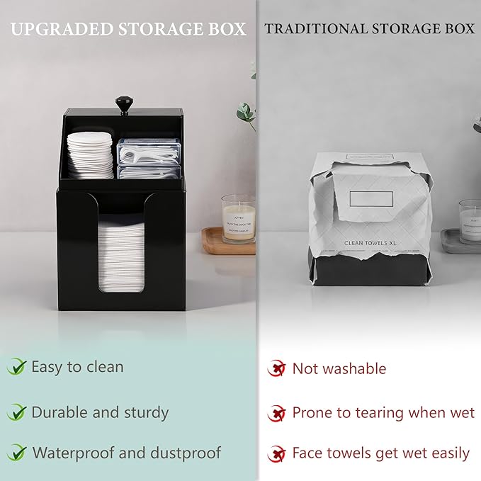 Anyoifax Disposable Facial Towels Storage Compatible with Clean Skin Club Clean Towel XL Double Layer Acrylic Box Cotton Pads Container Qtip Bin Face Towelettes Holder for Bathroom Counter, Black