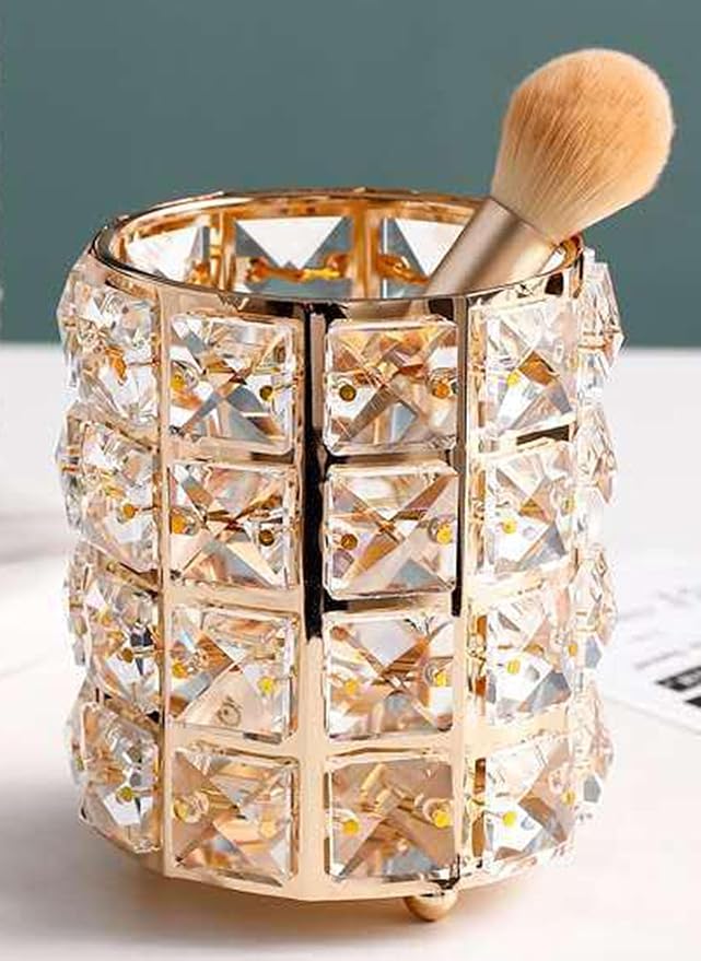1 PC Cosmetic Display Case with Gold Crystals - Makeup Brush Holder Organizer for Brushes, Combs & Remote Control (Gold)