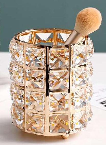 1 PC Cosmetic Display Case with Gold Crystals - Makeup Brush Holder Organizer for Brushes, Combs & Remote Control (Gold)