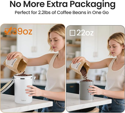 Veken Coffee Canister, 39OZ Large, Airtight Stainless Steel Food Storage Container for 2.2lbs Coffee Beans, Ground, Sugar, Tea, Flour, Cereal, Kitchen Bar Accessories with Date Tracker & Scoop, White