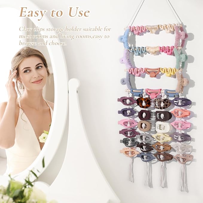 SNOWSTAR Macrame Flat Hair Claw Clip Holder Organizer,Large Capacity Hanging Hair Clip Holder and Storage for Women Girls,Flat Claw Clips Storage Hanger Home Decor for Wall,Door,Closet