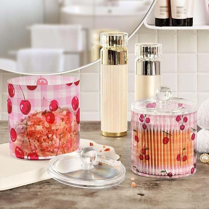 2 Pack Qtip Dispenser Apothecary Jars with Lids Cotton Round Holder Bathroom Canisters for Cotton Swab Floss Ball Pads Clear Plastic Decorative Pink Checkered Cherry