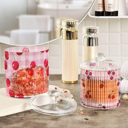 2 Pack Qtip Dispenser Apothecary Jars with Lids Cotton Round Holder Bathroom Canisters for Cotton Swab Floss Ball Pads Clear Plastic Decorative Pink Checkered Cherry