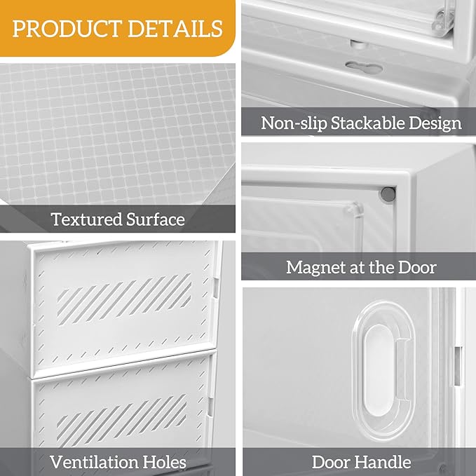 6 Pack Large Shoe Storage Box,Space Saving Sneaker Shoe Rack Containers Bins,Clear Plastic Stackable Shoe Storage Boxes,Shoe Display Case,with Magnetic Door,for Bedroom, Entryway, Closet (White)