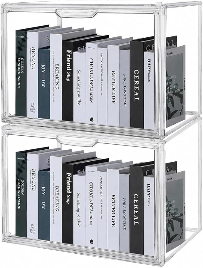 2-Pack Clear Book Storage Organizer Box, Stackable Acrylic Display Case with Magnetic Door, Portable Bookcase Containers for Comics, Handbags, Toys and Shoes, 14.2" x 10.6" x 8.7"