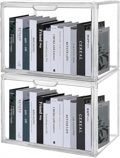 2-Pack Clear Book Storage Organizer Box, Stackable Acrylic Display Case with Magnetic Door, Portable Bookcase Containers for Comics, Handbags, Toys and Shoes, 14.2" x 10.6" x 8.7"
