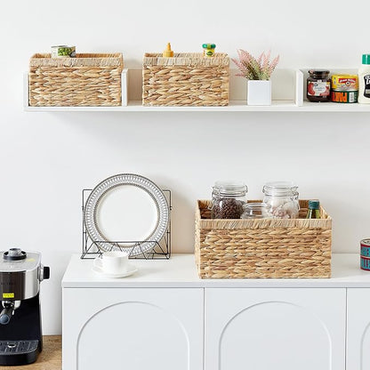 Vagusicc Wicker Basket, Set of 3 Hand-woven Storage Baskets for Organizing, Water Hyacinth Wicker Storage Basket Bins with Handles, Small Toilet Paper Storage Baskets for Shelves Pantry Baskets