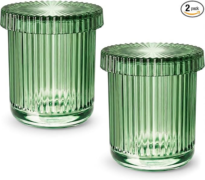 2 Pack Qtip Holder - Apothecary Jars with Lids, Bathroom Organizers and Storage Canister for Cotton Balls,Swabs,Floss Picks,Hair Ties,Clear Glass Vintage Bathroom Decor Jar Set (Green)