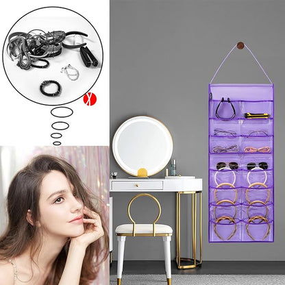 Wall Hanging Headband Organizer Ribbon Hair Hoops Storage Hairbands Hair Accessory Holder with Clear Pockets (PURPLE-16 POCKETS)