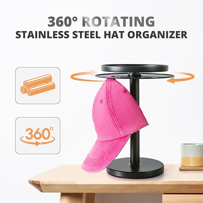 kondyfayo 360° Rotating Hat Organizer for Baseball Caps, Stainless Steel Hat Rack Holder with Top Storage Tray for Small Essentials, Ball Cap Storage Organizer for Closet, Entryway, Display (M-Black)