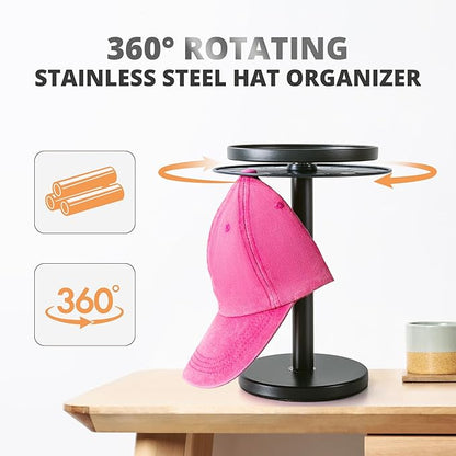 kondyfayo 360° Rotating Hat Organizer for Baseball Caps, Stainless Steel Hat Rack Holder with Top Storage Tray for Small Essentials, Ball Cap Storage Organizer for Closet, Entryway, Display (M-Black)