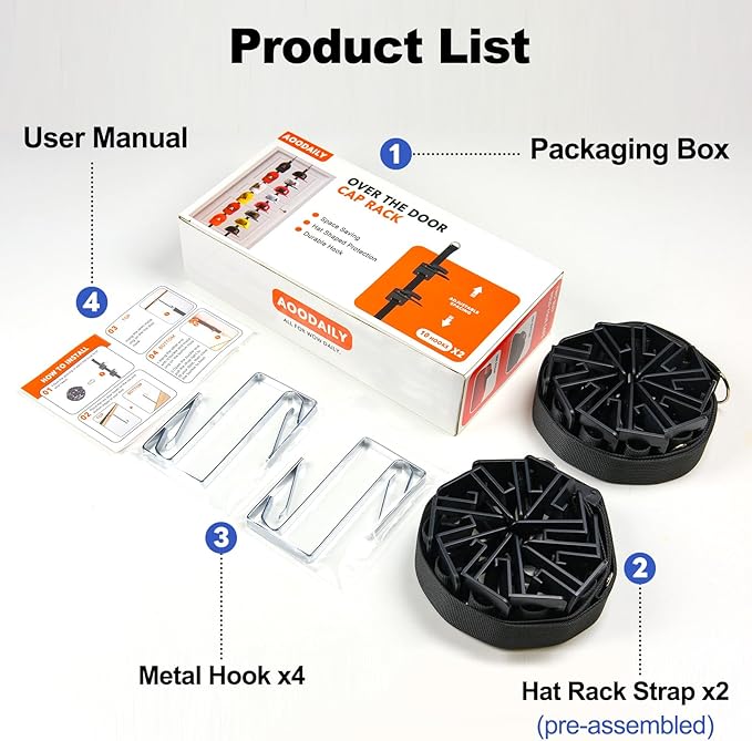 Aoodaily Hat Rack for Door - Two-Way Hanging Caps with Display Hooks and Hanger, Hat Organizer for Baseball Caps, Over the Door Hat Storage Organizer for Bedroom, Entrance or Garage Doors - 2 Packs